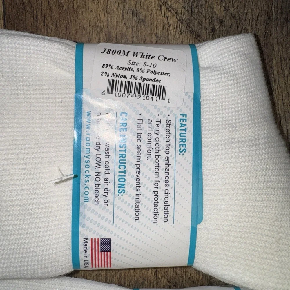 Extra Roomy White Diabetic Crew Socks Size 8-10 Made In USA (2 Pair)